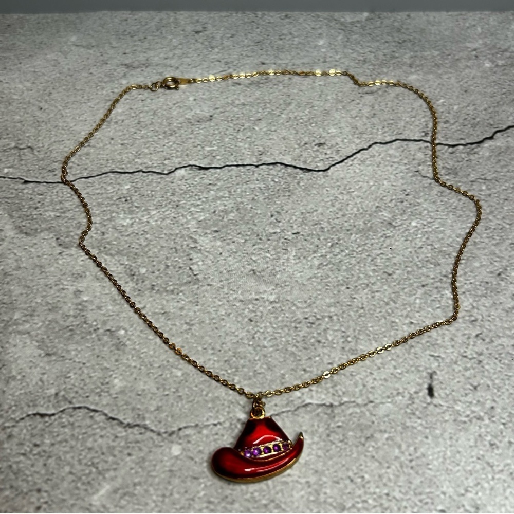 Gold Tone Necklace with Red Cowboy Hat Purple Rhinestones Pendant